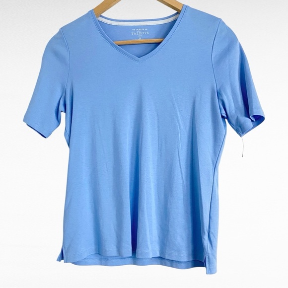 Talbots | Classic Light Blue V-Neck 100% Pima Cotton Elbow Sleeve Casual Tee - Picture 3 of 3